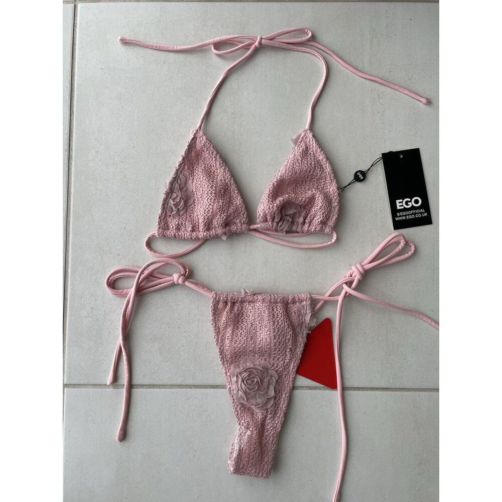 EGO Swim String Bikini Swimsuit Textured Floral Lined
